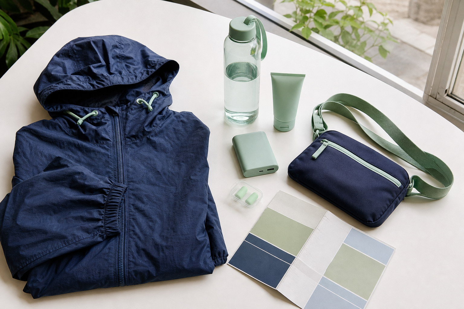 Uitgelegde festivalspullen met regenjas, drinkfles, zonnebrand, oordoppen, powerbank en kleine tas