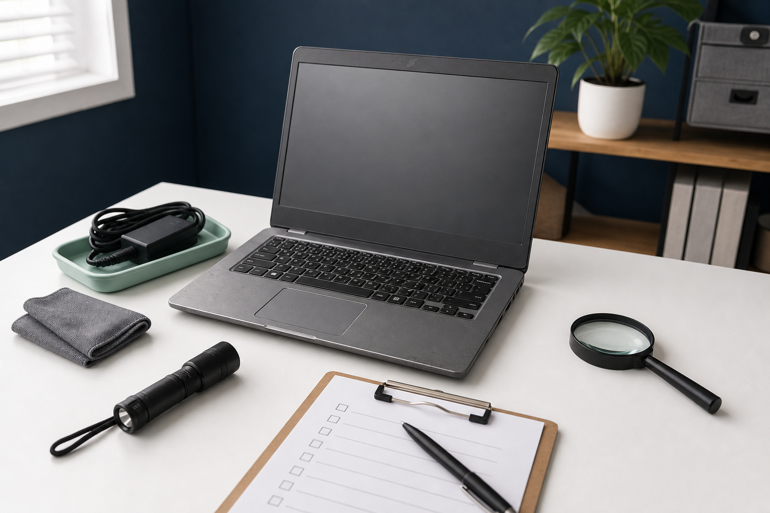 Refurbished laptop op een inspectietafel met loep, lampje, lader, doek en controlelijst