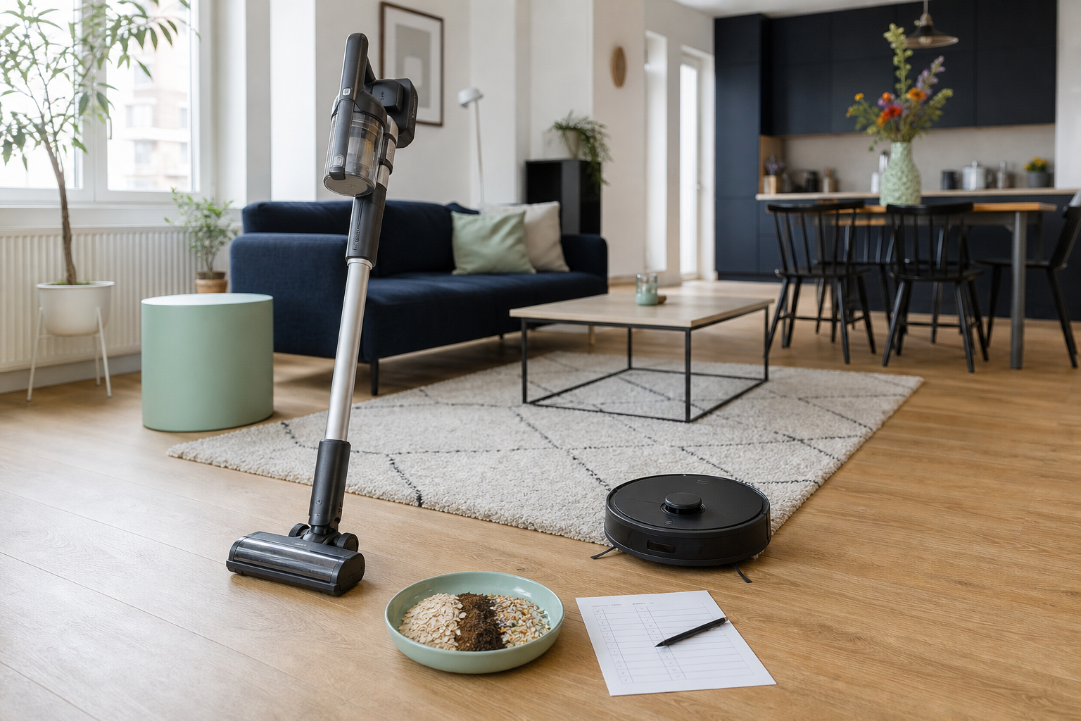 Steelstofzuiger en robotstofzuiger naast een vloerkleed, testbakje en controleformulier in een lichte woonkamer