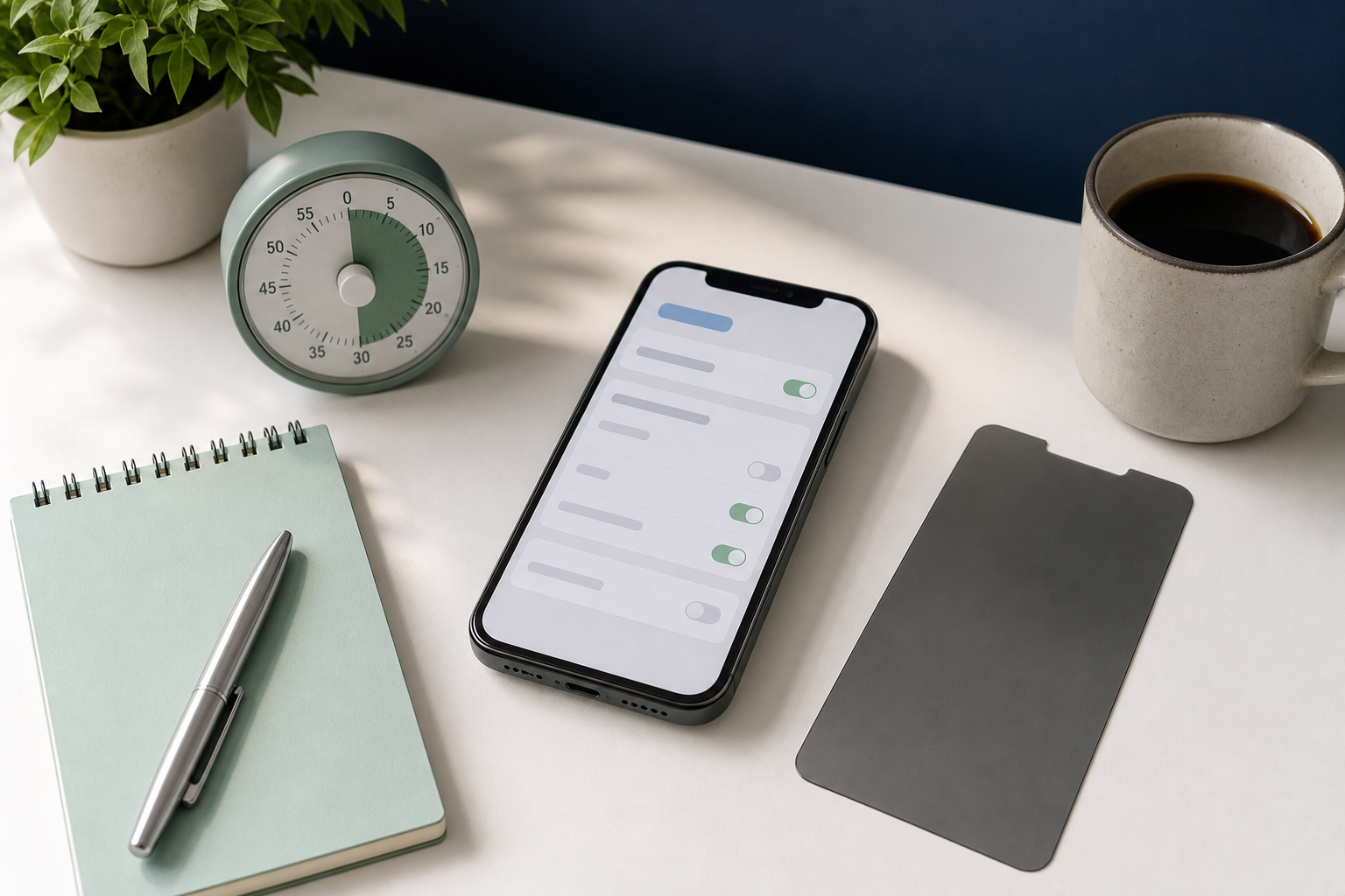 Merkloze smartphone met instellingen op het scherm naast een timer, notitieboek en privacyscherm